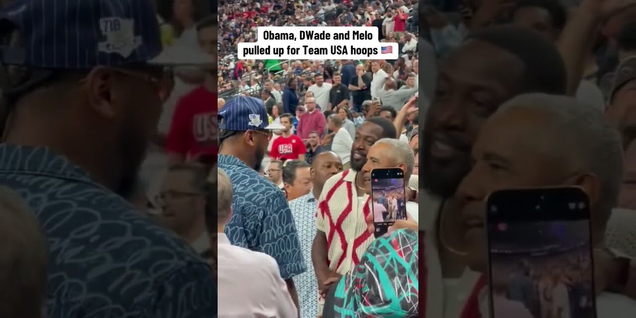 President Obama with DWade & Melo watching Team USA hoops (via NotoriousOHM/X)